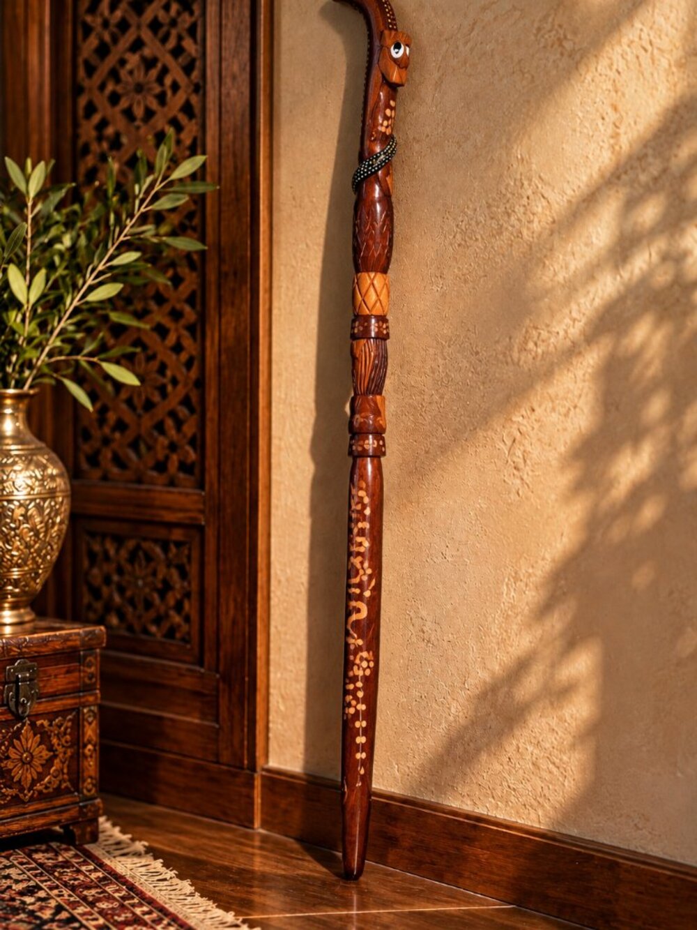 Vintage Jamaican Carved Wooden Walking Stick Snake Folk Art 47”